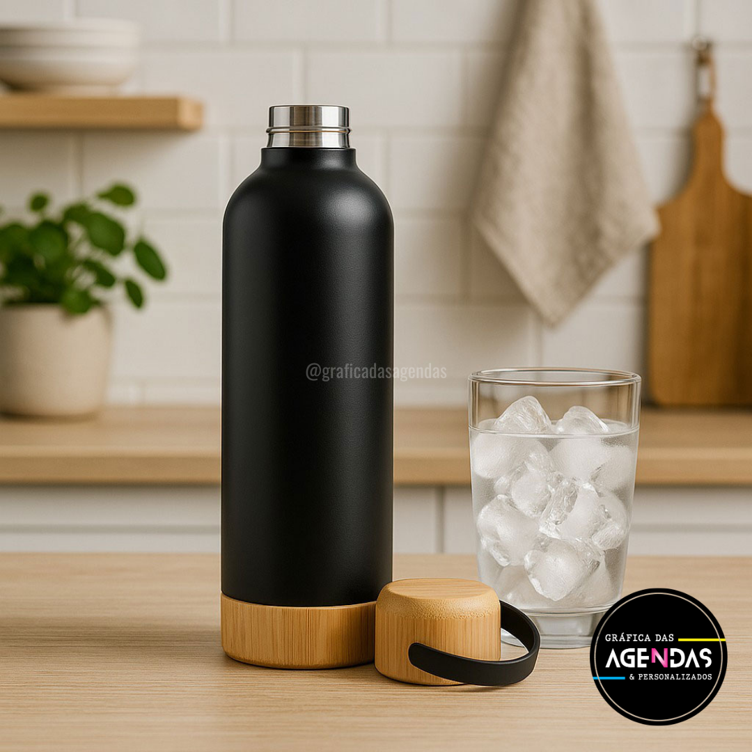 Garrafa Térmica em Inox - Detalhes em Bambu